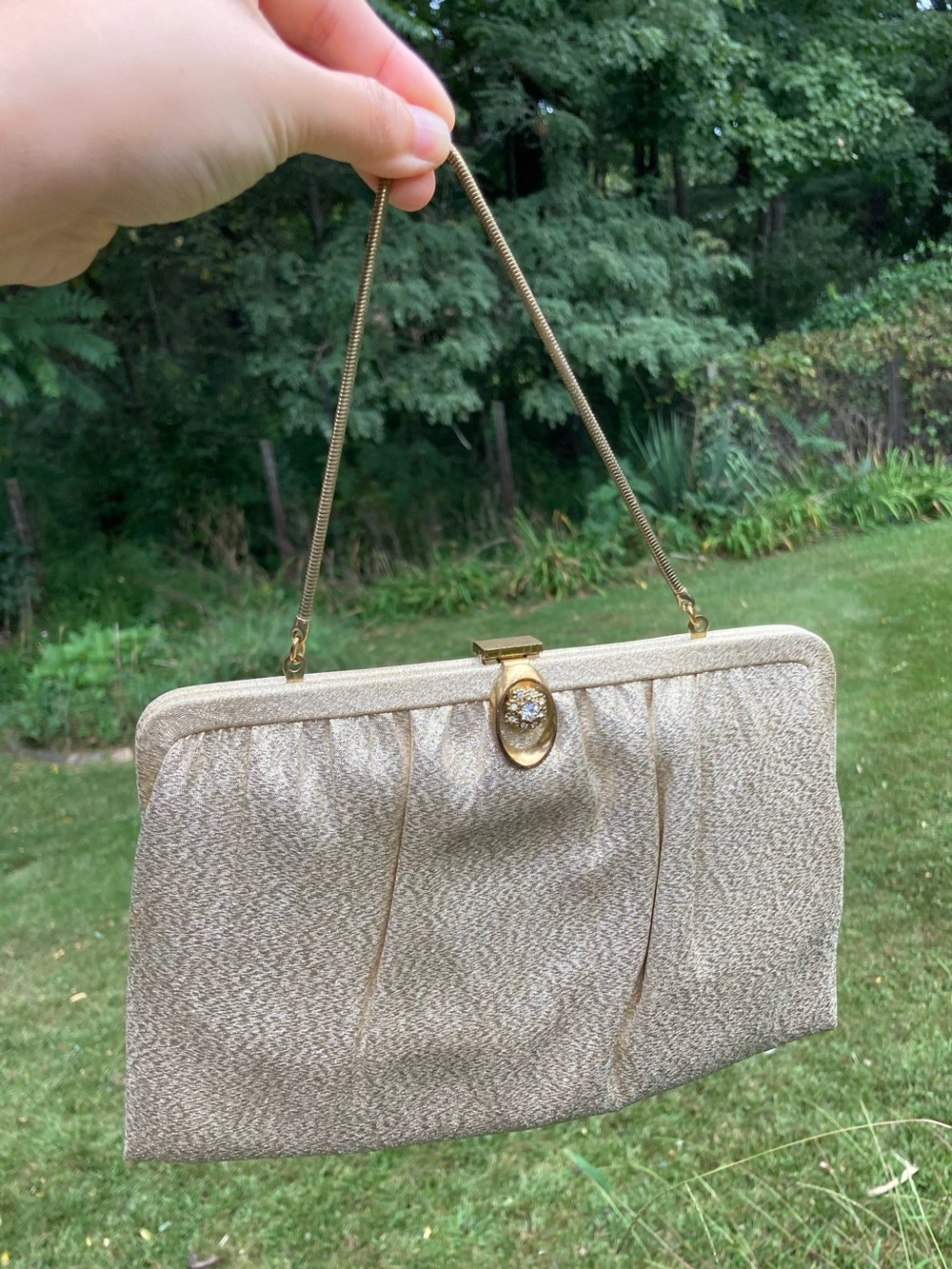 Vintage 1960s Andé Pale Gold Metallic Evening Bag Rhinestone Clasp Purse